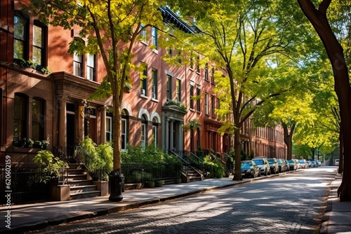 Charming Brownstone Buildings Along Quiet Greenwich Village Street in NYC: Generative AI