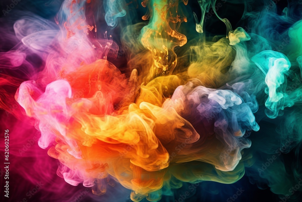 Illustration of colorful smoke swirling on a dark background created using generative AI