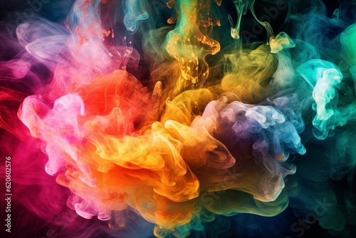 Illustration of colorful smoke swirling on a dark background created using generative AI