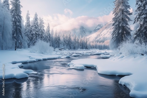 Illustration of a snow-covered forest with a river flowing through it, created using generative AI