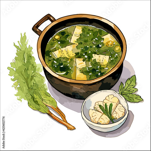 vegetable soup with tofu . Asian food illustrattion 
