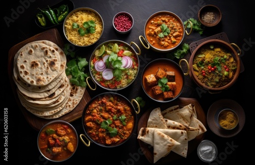 Bowls of indian food on dark table.