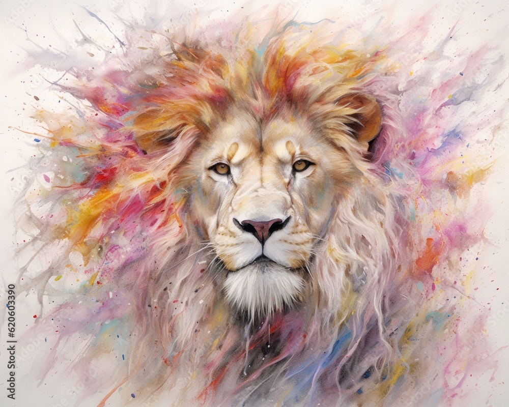 Fototapeta fluidity and unpredictability of watercolors by creating a dynamic and energetic lion print. bold brushstrokes and splashes of color to depict the lion's movement and power 