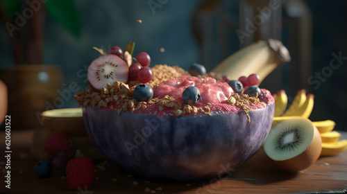 A smoothie bowl topped with granola fresh fruits and a sp two generative AI © NAWKO