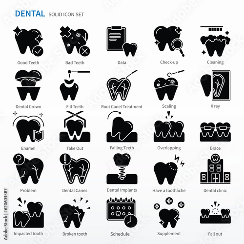 Dental icon set - Solid Icons. Same as Check up, Cleaning, Dental Crown, Fill Teeth, Root Canel Treatment, Scaling, X ray, Take Out, Falling Teeth, Overlapping, Brace, etc.