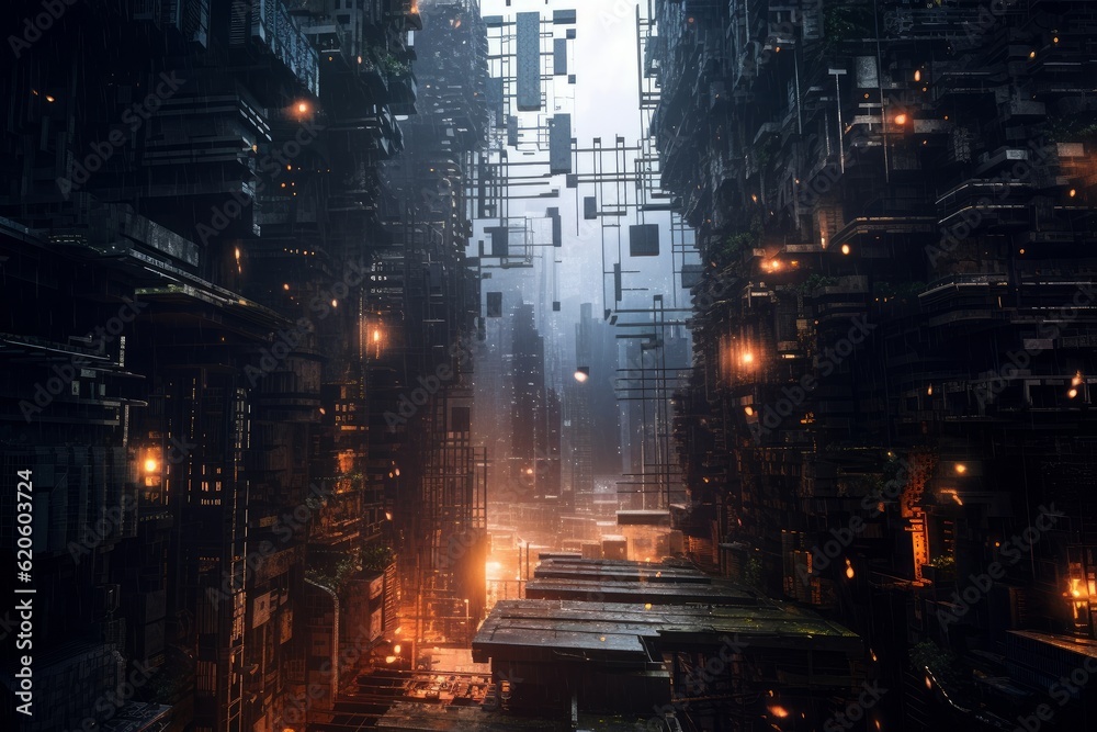 Illustration of a city street filled with tall buildings created using generative AI