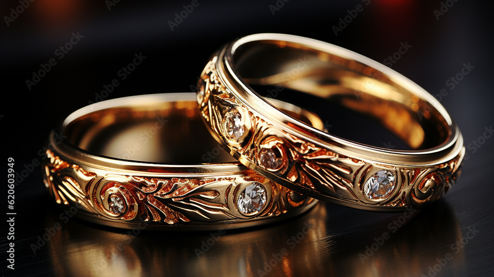 Wedding rings on a black background, close-up.generative ai Wedding rings on a black background, close-up.generative ai