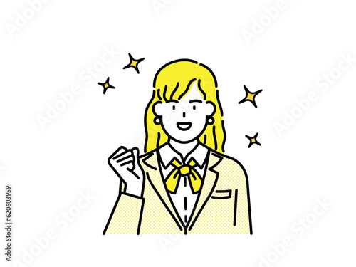 Female character in a positive pose with arms raised in joy.