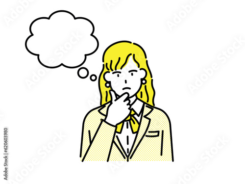 Woman with yellow clothes and yellow hair looking worried and troubled