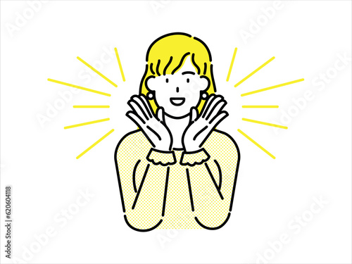 Beautiful yellow-haired woman with her hands together and shouting loudly