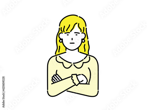 Woman with yellow clothes and yellow hair looking worried and troubled