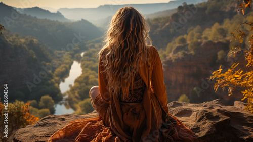 A young woman sits on the edge of a cliff overlooking the Grand Canyon..generative ai