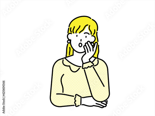 Woman with yellow clothes and yellow hair looking worried and troubled