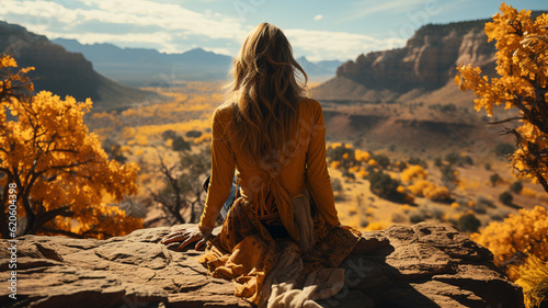 A young woman sits on the edge of a cliff overlooking the Grand Canyon..generative ai © Aghavni