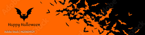 Halloween banner with black bats on the orange background. Illustration with text.

