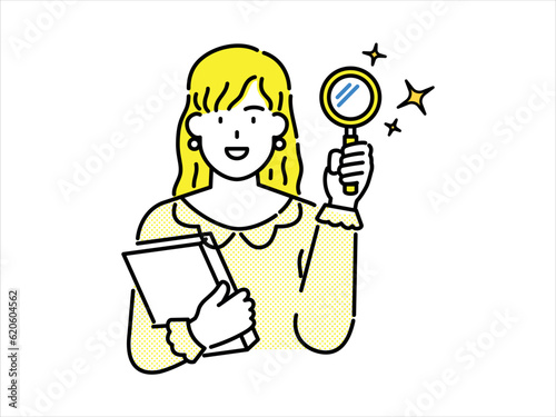 Girl with yellow hair and yellow clothes. Girl holding a book and a magnifying glass 