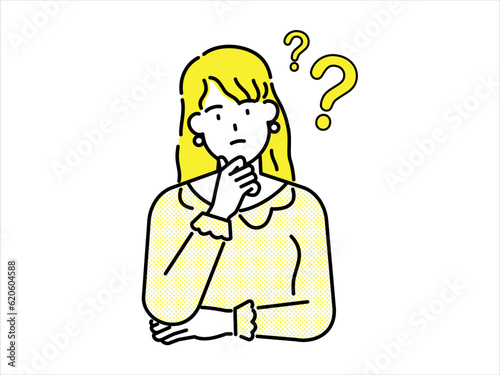 Woman with yellow clothes and yellow hair looking worried and troubled