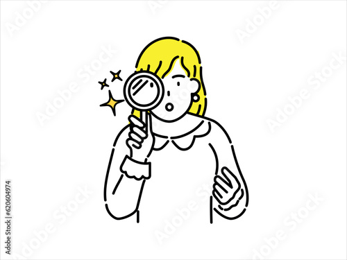 Girl with yellow hair looking through a magnifying glass, looking for something.