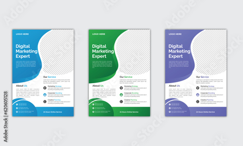 A bundle of 3 templates of different colors a4 flyer template, modern business flyer template, abstract business flyer and creative design, corporate company flyer and editable vector template design 