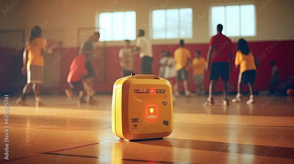 Automated external defibrillator symbol or sign on the wall in a sports gym. Basketball players was playing in blurred background. Generative AI - obrazy, fototapety, plakaty 