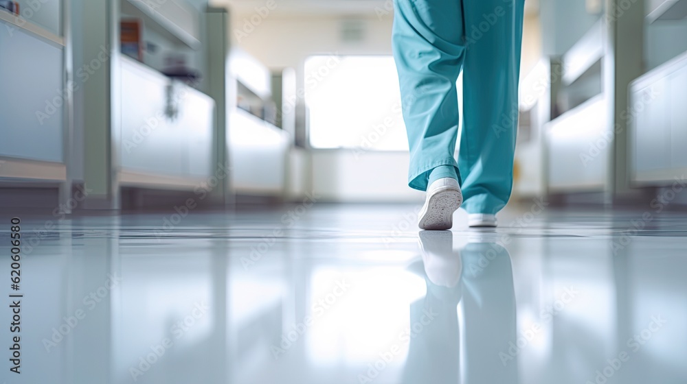 © tong2530 - Assistant legs walking in hospital, Selective focus at the leg and blurred background with copy space in modern hospital. epoxy floor. Generative AI © tong2530 - Assistant legs walking in hospital, Selective focus at the leg and blurred background with copy space in modern hospital. epoxy floor. Generative AI