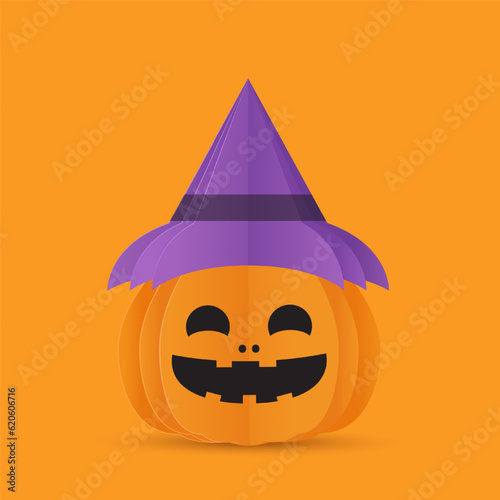 Orange pumpkin vector illustration. Paper cut orange pumpkin with hat elements for halloween. Happy halloween