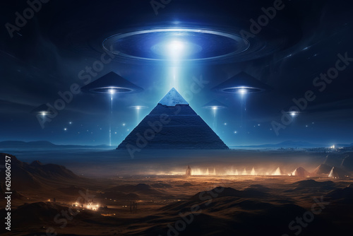 A glowing pyramid with alien ships flying above it, illuminated by blue light. Generative AI
