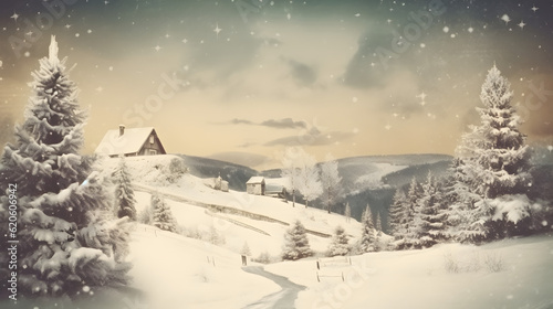 A vintage-style postcard with a snowy landscape and a Mer one generative AI © NAWKO