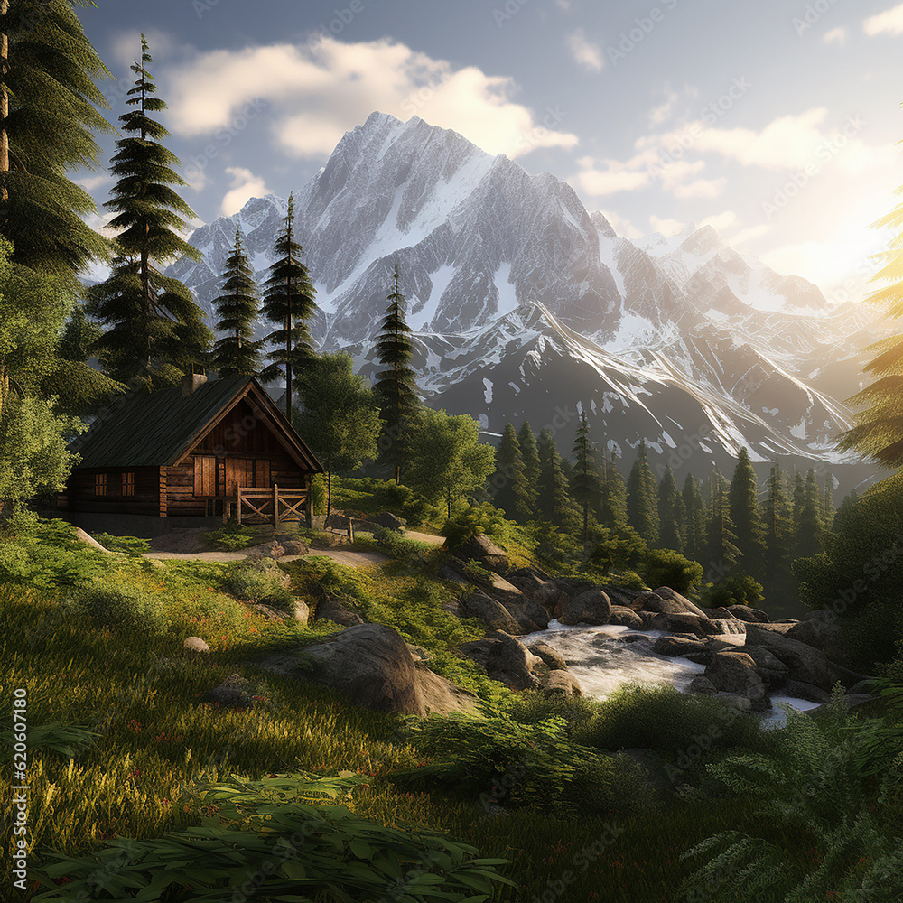 Generative AI a wooden cabin located on a slope in the forest with ...