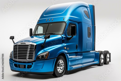 Large isolated blue Freightliner Cascadia truck on white background. Generative AI