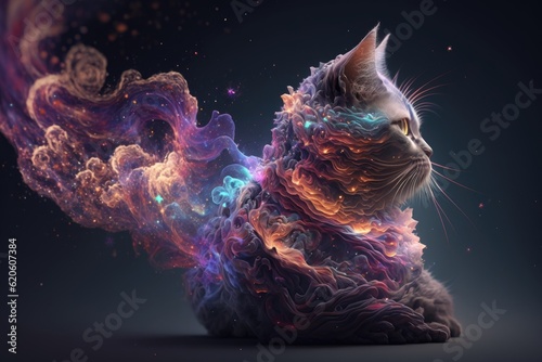 Fantasy cat with colorful smoke in dark space