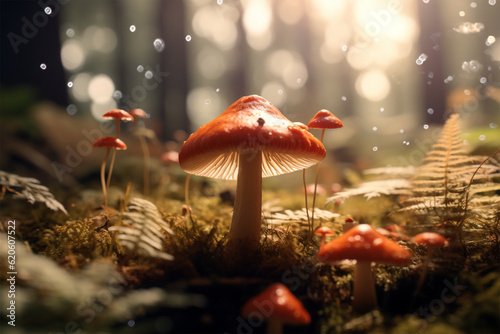 closeup shot of a mushroom in a forest with a blurred surface,generative AI