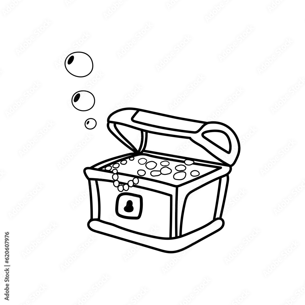 Hand drawn Kids drawing Cartoon Gold treasure in wooden chest at ocean bottom. Shiny coins hidden in water Vector Illustration Isolated on White Background Hand drawn Kids drawing Cartoon Gold treasure in wooden chest at ocean bottom. Shiny coins hidden in water Vector Illustration Isolated on White Background