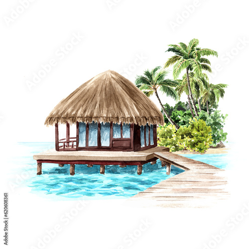 Tropical hut on the water. Summer vacation concept. Hand drawn watercolor illustration isolated on white background