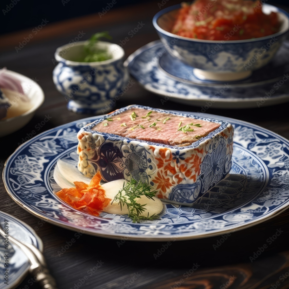 Terrine served on a beautifully decorated plate, with garnished sides and intricate patterns