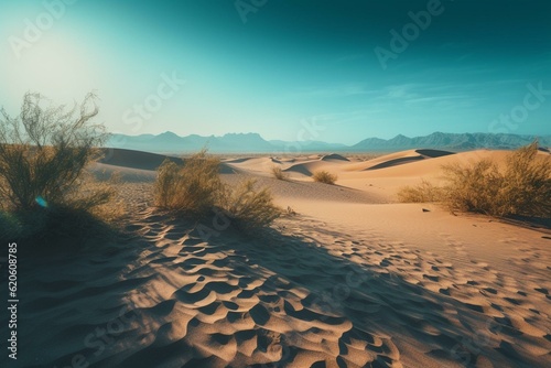 Morning desert landscape with empty contemporary background, turquoise gradient sky. Generative AI