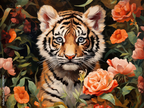 Painting of a tiger cub around flowers