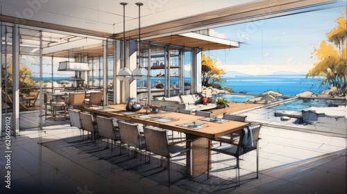 a laid table in a luxury villa on the beach. a mobilized living room. technical drawing. Generative AI