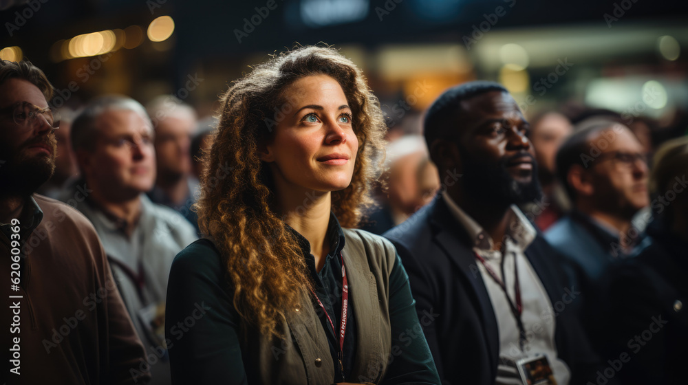 Confident Woman: Attentively Seated and Engaged in a Conference, Embracing Knowledge and Empowerment
