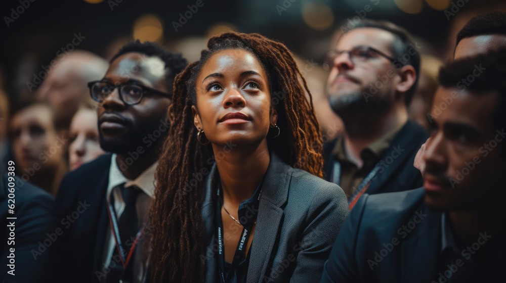 Confident Black Woman: Attentively Seated and Engaged in a Conference, Embracing Knowledge and Empowerment
