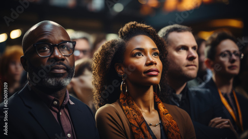 Confident Black Woman: Attentively Seated and Engaged in a Conference, Embracing Knowledge and Empowerment 