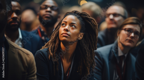 Confident Black Woman: Attentively Seated and Engaged in a Conference, Embracing Knowledge and Empowerment 