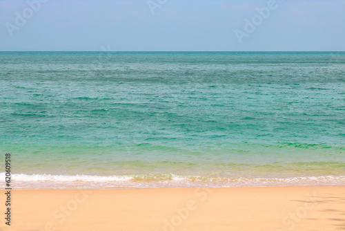 Fototapeta Naklejka Na Ścianę i Meble -  The wave of the sea rolls on the sandy shore. Copy space.