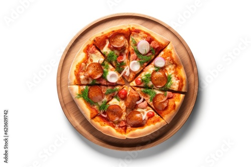 Delicious pizza served on wooden plate isolated on white background.