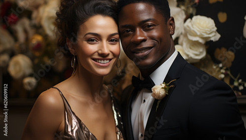 Radiant Love. Black Couple Smiling in Their Wedding Celebration. Joyful Union Concept Elegance and Unity