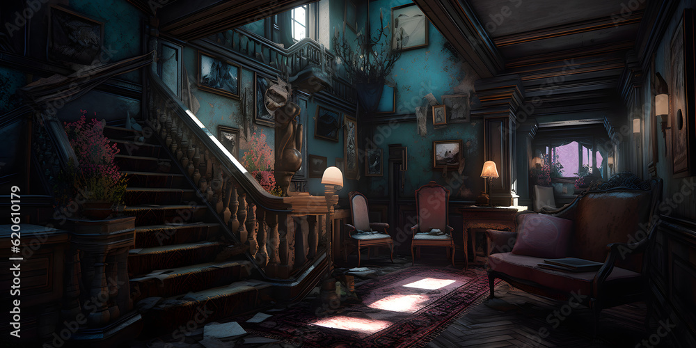 Adventure game set in a haunted mansion or asylum colors one generative AI