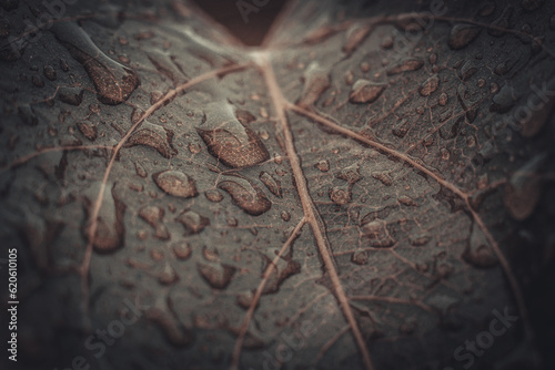 Tobacco plantation with lush green leaves with raindrops. Super macro close-up of fresh tobacco leaves. Soft selective focus. Artificially created grain for the picture