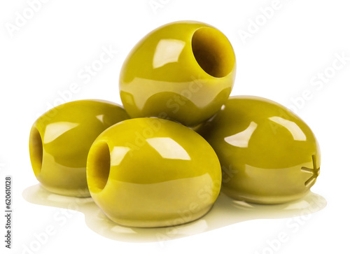 Olives isolated. Pitted cream in butter on a transparent background.