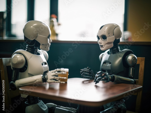 AI Encounter: Droids Meeting at a Cafe - Futuristic Rendezvous of Artificial Intelligence - Generative AI