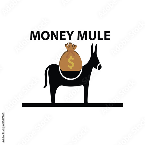 Donkey with a sack with dollar symbol on his back and the text money mule